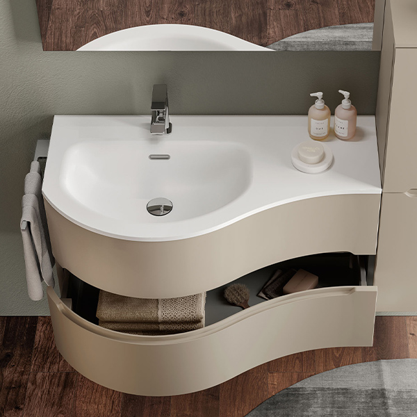 Curved storage units are the perfect solution for smaller bathrooms