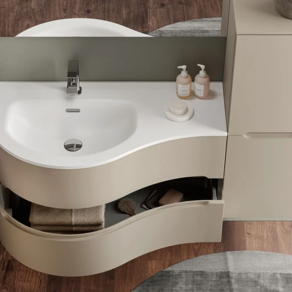 Curved storage units are the perfect solution for smaller bathrooms