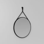 Ring round mirror with a painted metal frame and a black leather-effect hanging strap  - Ideagroup